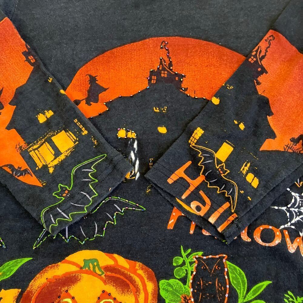 Vintage Jane Ashley Sz M Halloween Shirt Black Orange Beaded Haunted House - Picture 13 of 15